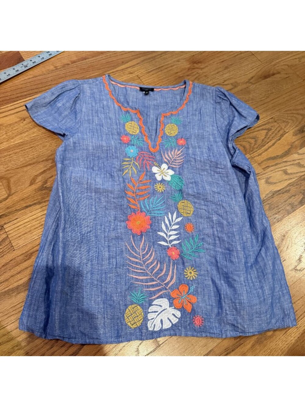 TALBOTS WOMENS LARGE PETITE BLUE LINEN SHIRT SHORT SLEEVE